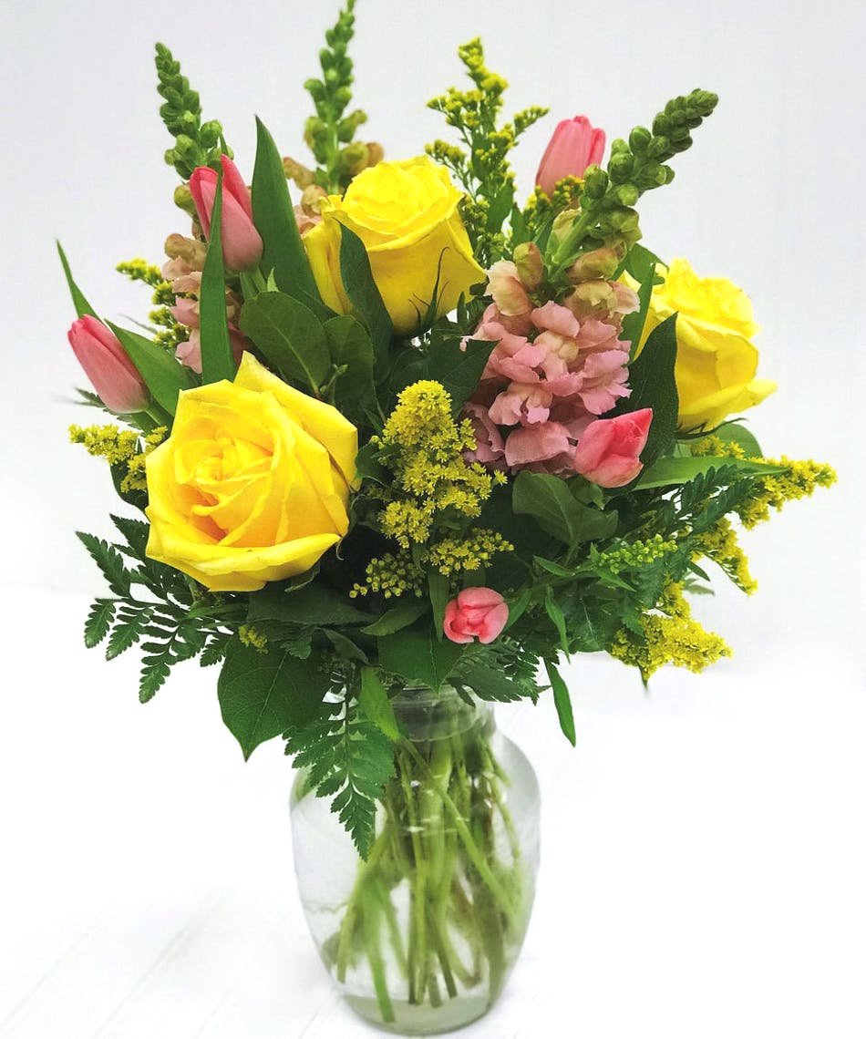 Pink Tulips, Yellow Roses in a glass vase