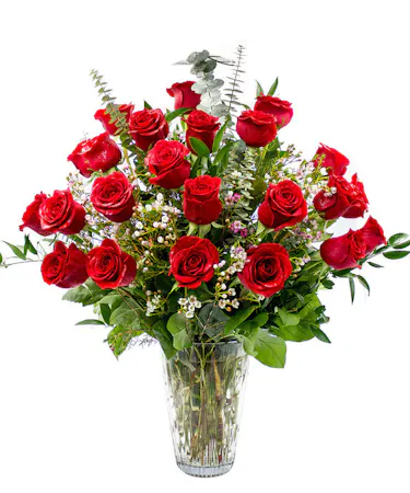 24 Roses & Eucalyptus in Glass Vase