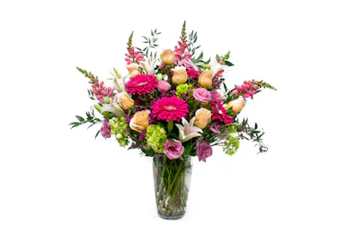 Large Gold Vase of Red Roses, Purple Hydrangea, Pink Lilies