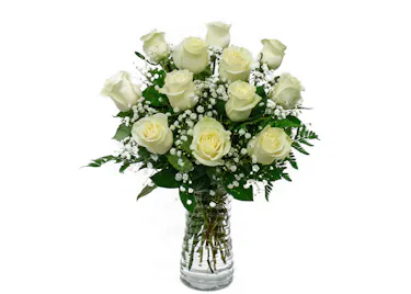 A Dozen White Roses in a Clear Glass Vase