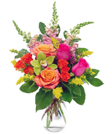 Pink, Purple, Red Roses & Lisianthus is Clear Glass Cylinder