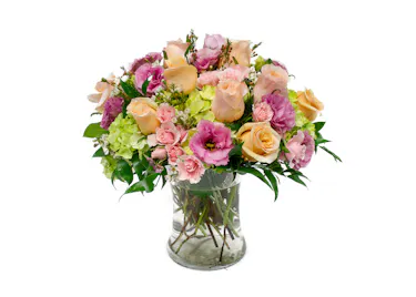 Pastel Roses & Hydrangea in a Medium Lush Arrangement