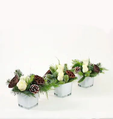 White Roses in Green Glass - 3 Vases