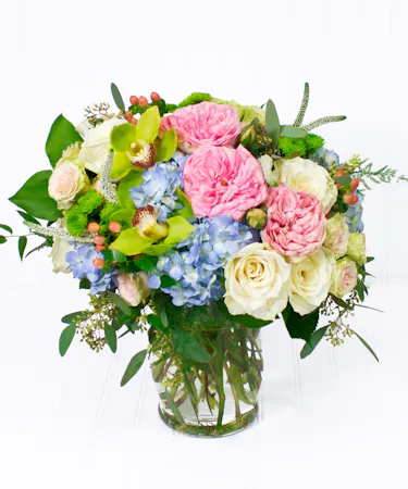 Pastel Roses & Hydrangea in a Medium Lush Arrangement