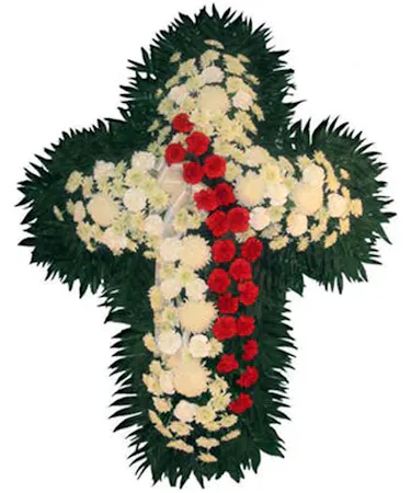 Standing Cross - White Mums, Red Carnations
