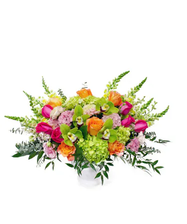 Large White Vase of Pink Roses, Green Hydrangea, Orange Roses, Pink/White Lisi