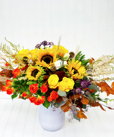 Orange Roses, Peach Gerbera Daisies, Blue Thistle