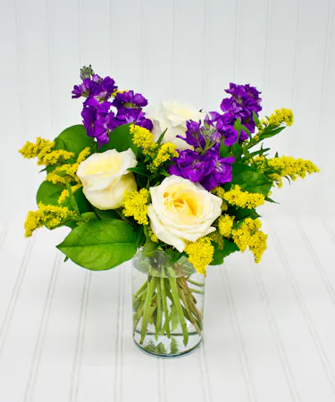 Cream Roses, Lavender Stock in Glass Cylinder