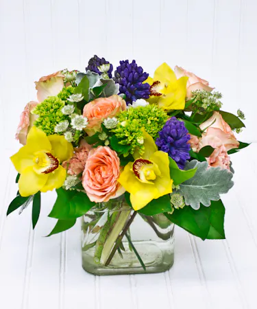 Orchids, Roses, Hyacinth in a Clear Glass Cube