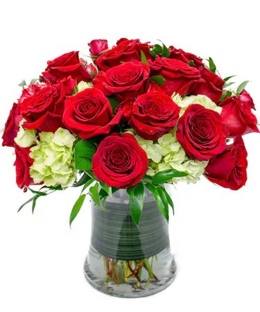 Large Gold Vase of Red Roses, Purple Hydrangea, Pink Lilies