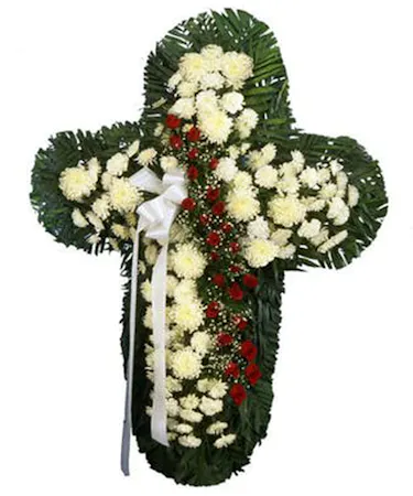 Standing Cross - White Mums, Red Roses