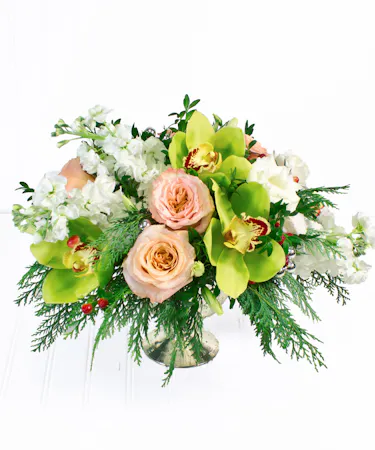 Silver Bowl Centerpiece - Winter Roses, Orchids, Lisianthus