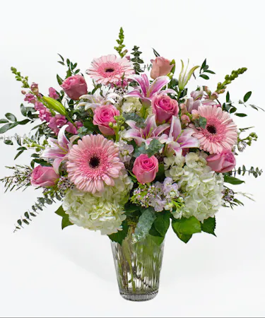 Large Vase of Pastel Roses, Dahlia, Hydrangea & Snapdragon
