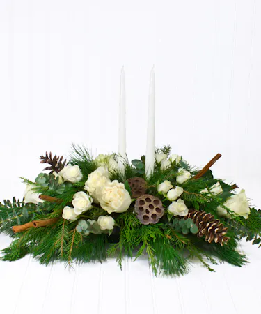 Centerpiece - White Roses - Pine & Cedar