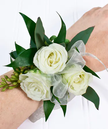 White Spray Rose Corsage Wristlet