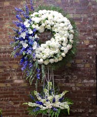 White Wreath with Blue Spray