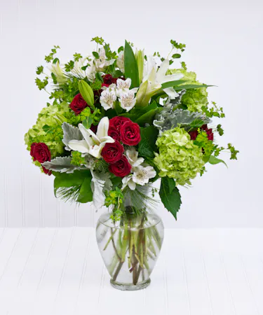 White Lilies, Red roses in a glass vase
