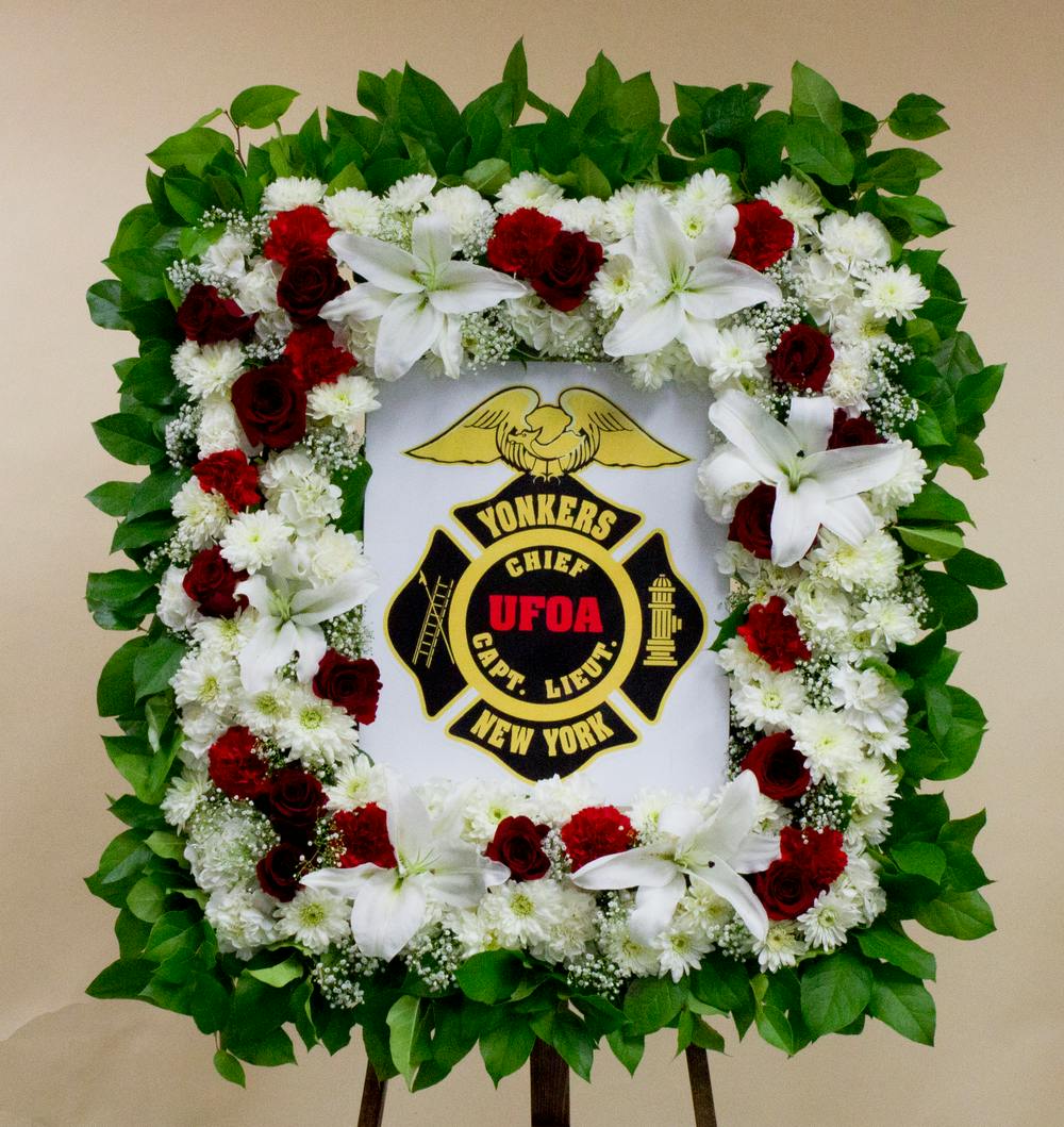 Fire Fighter Photo Funeral Standing Spray & Easel (Yonkers, New York)