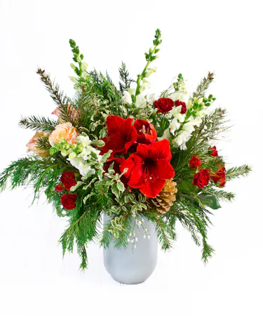 White Glass Vase - Peach & Red Roses with Red Amaryllis